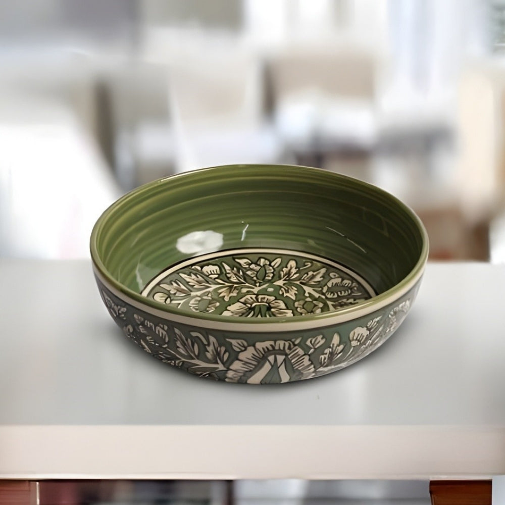 kalamkari henna green ceramic round bowl for serving snacks desserts and sides with traditional design and durable finish